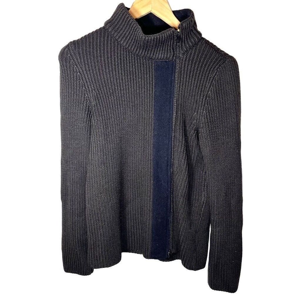 Emporio Armani Wool Chunky Knit Ribbed Brown Zip Up Mock Neck Sweater Size 12 - Picture 3 of 8